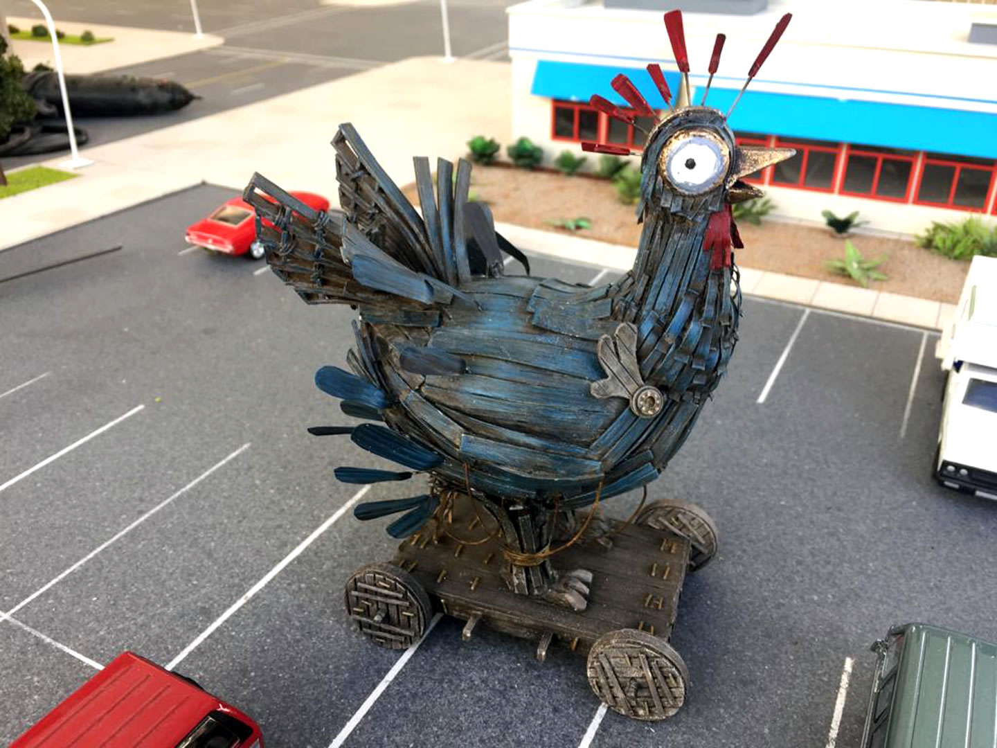 Miniature scaled trojan chicken built for the IHOP Chicken advertising campaign
